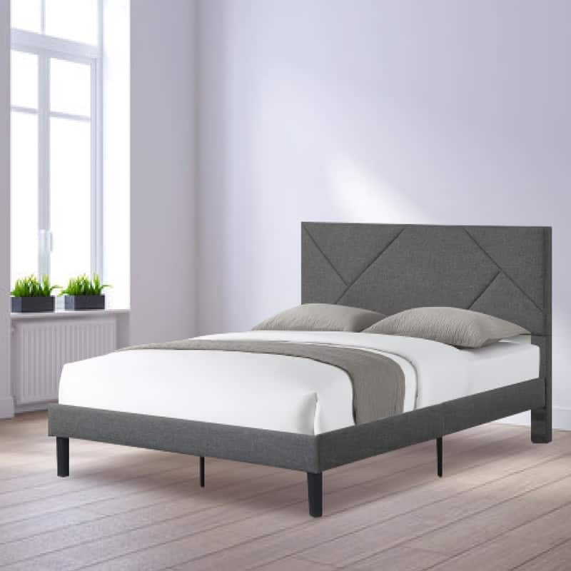 Modern bed frame Grey platform bed Linen queen bed