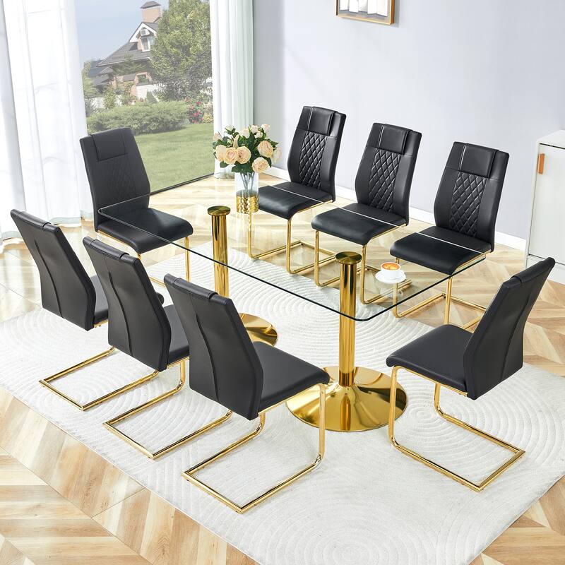 Rectangular Dining Table Set for 6-8 People, Modern Glass Table with Faux Leather Chairs
