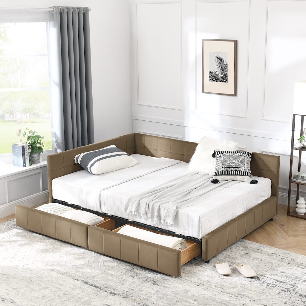 Full Size Velvet Upholstered Tufted Daybed with Storage Drawers, Backrest, and Armrests, Brown