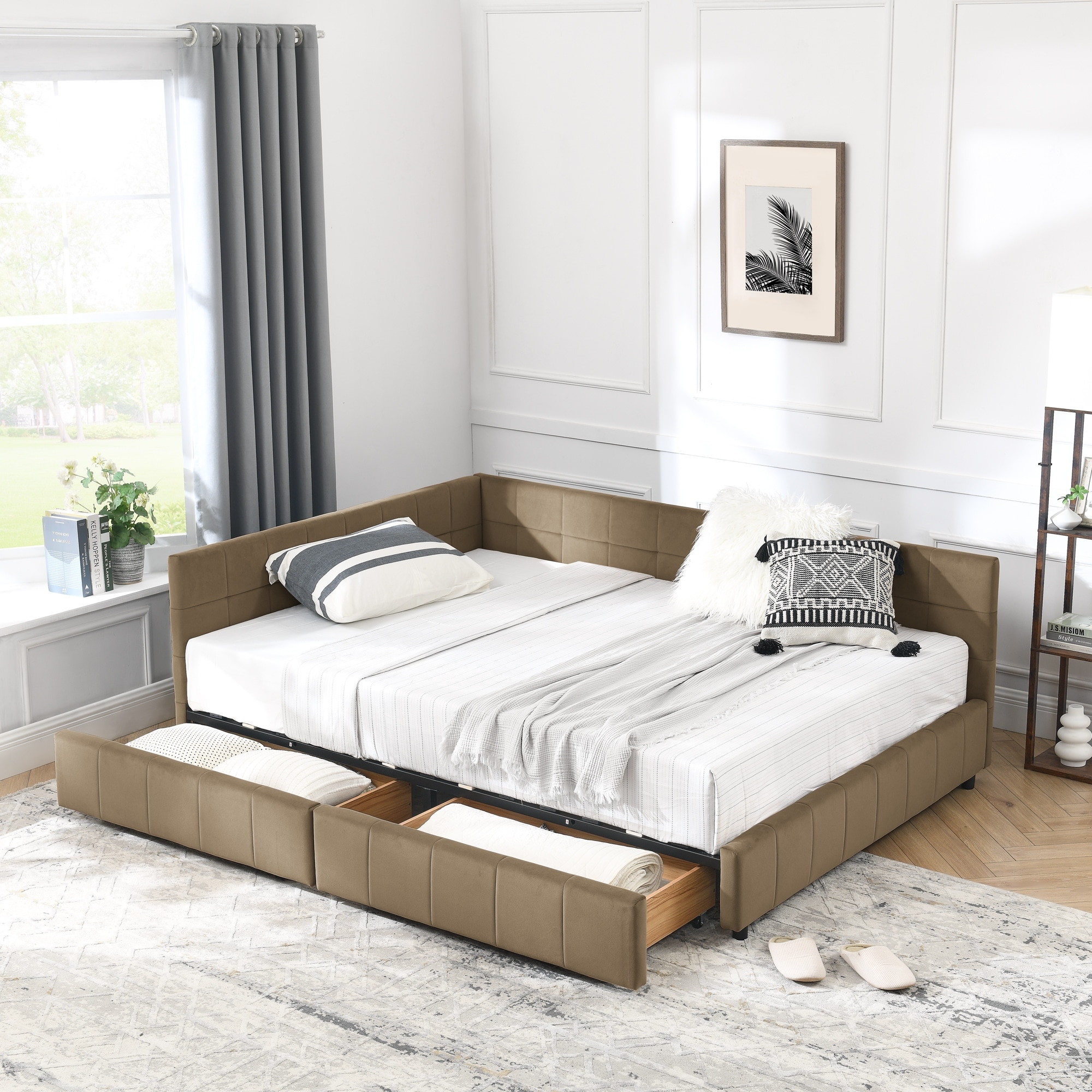 L-shape Upholstered Daybed Full Size Sofa Bed Frame Velvet Tufted Day Bed