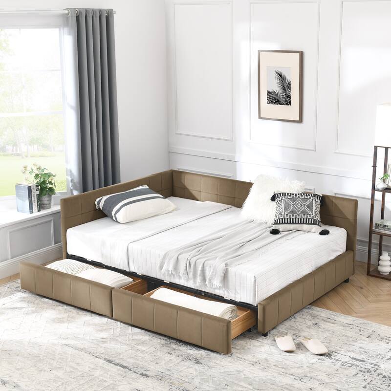 L-shaped Velvet Upholstered Daybed Tufted Sofa Bed with Soft Backrest Armrests - and Optional Corner Storage Day Bed