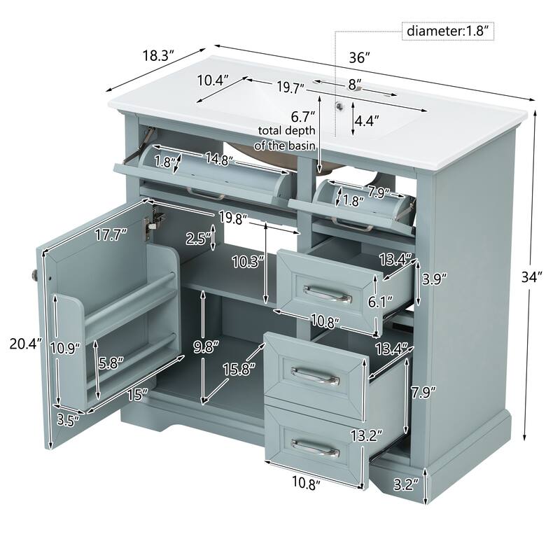 36" Bathroom Vanity Set with Ceramic Undermount Sink, 2 Tip-Out Drawers & Soft-Close Hinges