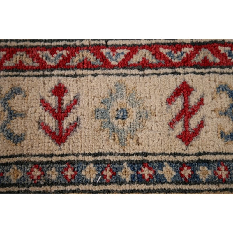 Geometric Kazak Oriental Runner Rug Hand-Knotted Blue Wool Carpet - 2'3" x 13'2"