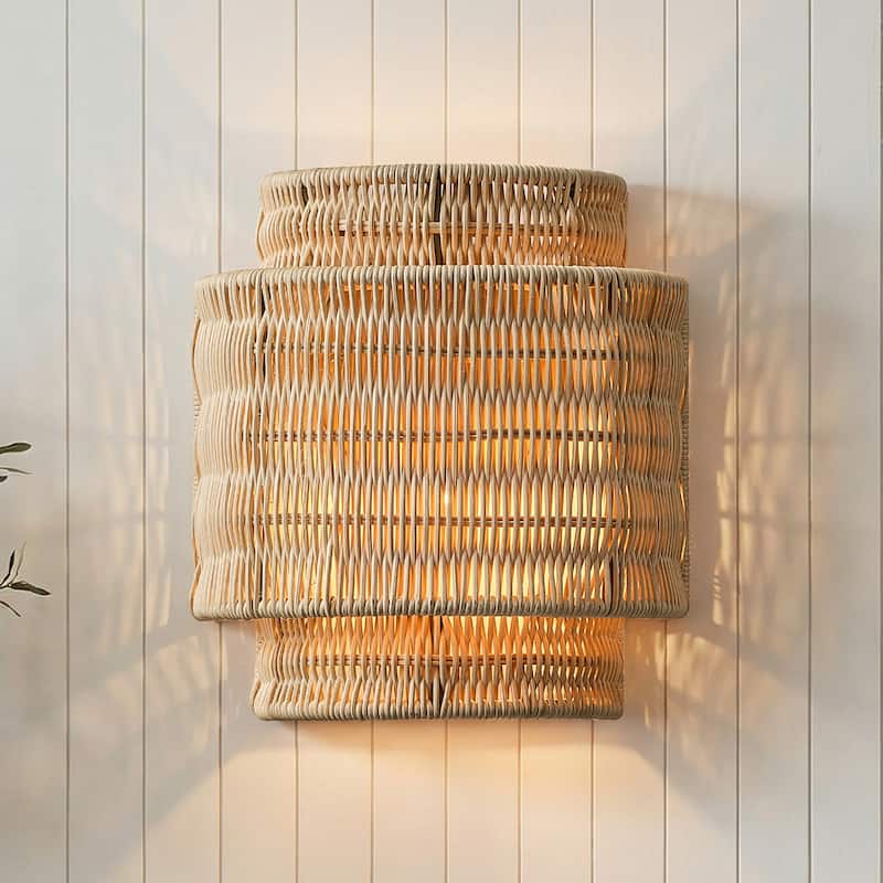 1-Light Bohemian Hand-Woven Rattan Wall Sconce Lighting - 9.05" W x 9.84" H