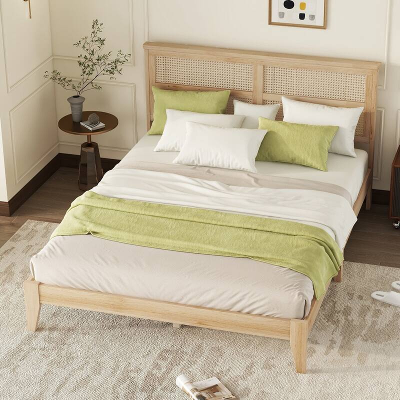 Platform Bed with Rattan Headboard, Wood Slats Support and Enhanced Support Legs - Optional Storage Bed with 2 Drawers