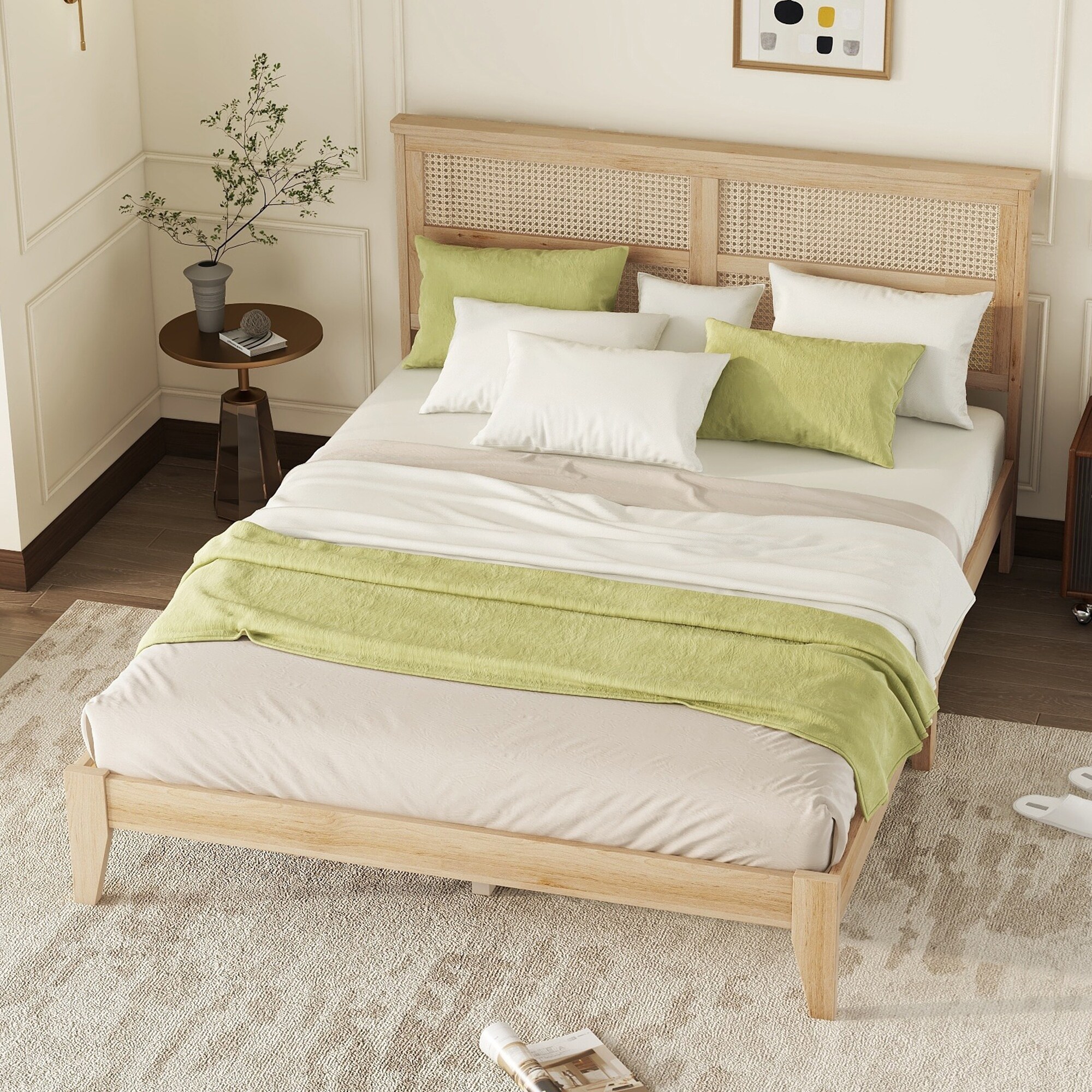Queen Rubber Wood Bed with Rattan Headboard Underbed Storage and Enhanced Support Legs Natural