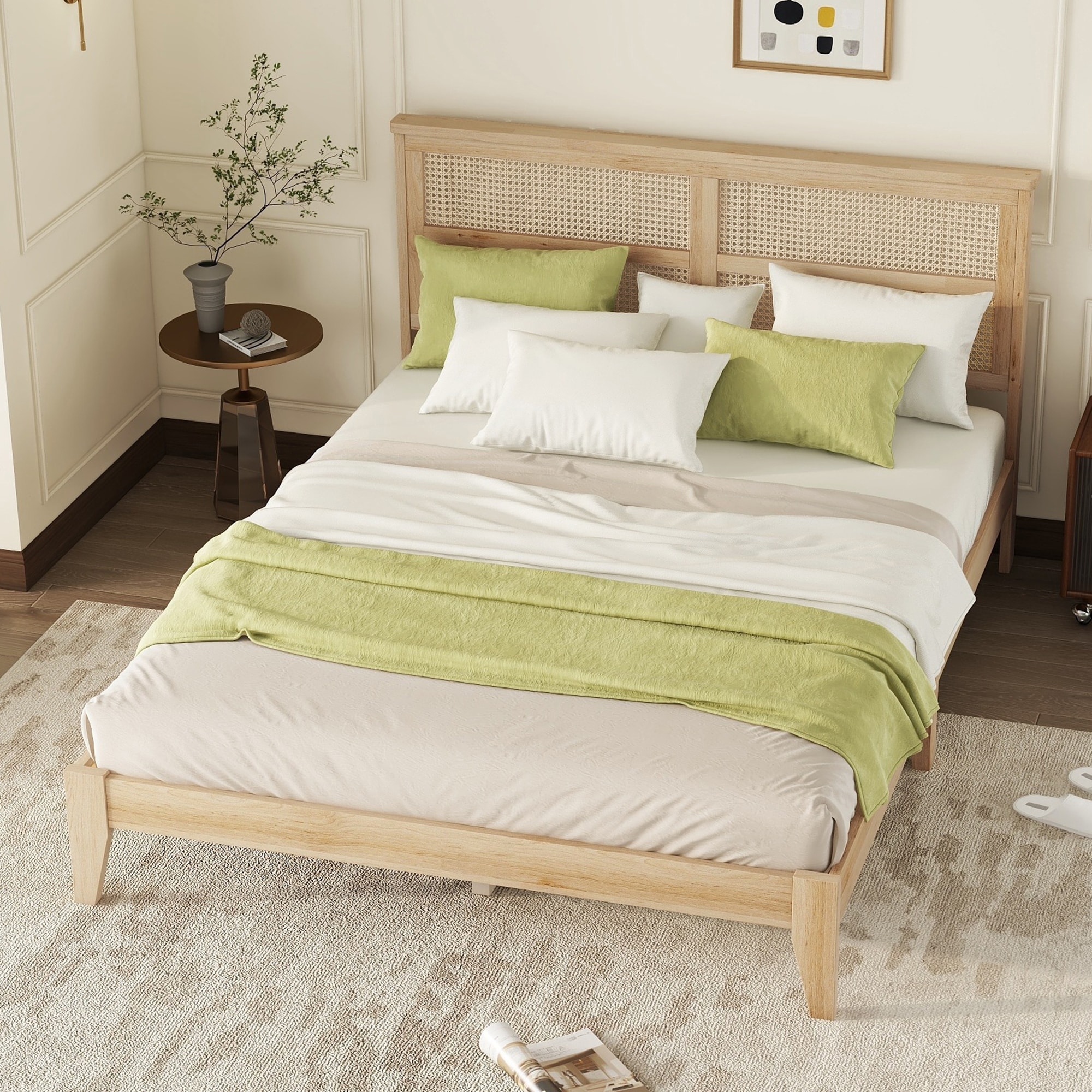 Queen Size Rubber Wooden Solid Wooden Bed with Rattan Headboard Enhanced by Support Feet Bed Bath Beyond 41373562