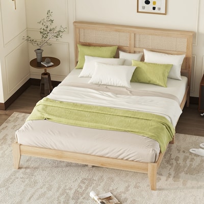 Queen Size Rubberwood Bed Frame with Rattan Headboard, Solid Wood Queen Platform Bed, Wood Slats Support