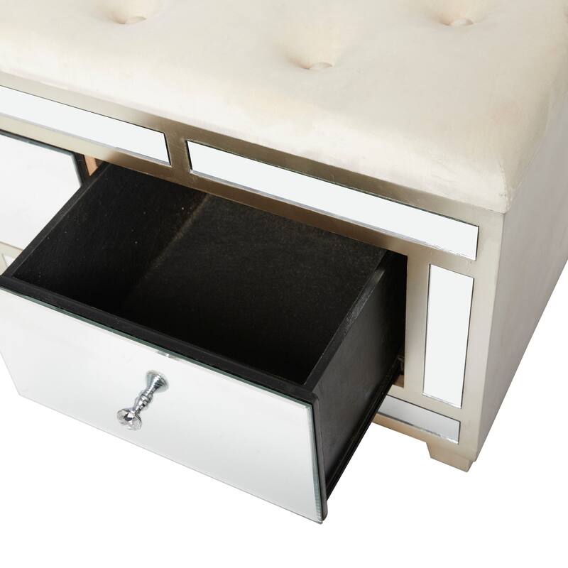Gray or Cream Wood Mirrored 3 Drawer Bench with Upholstered Seat