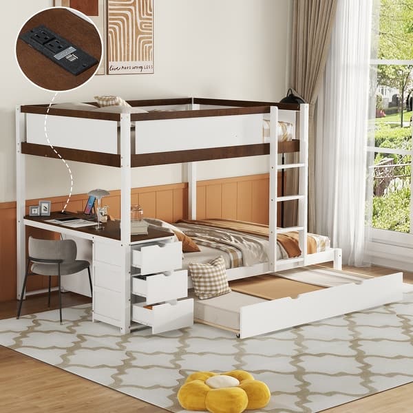 slide 2 of 19, Full-Over-Full Bunk Bed with Twin size Trundle, Storage and Desk,with 2 USB and 2 three-holes Plugs White+Walnut