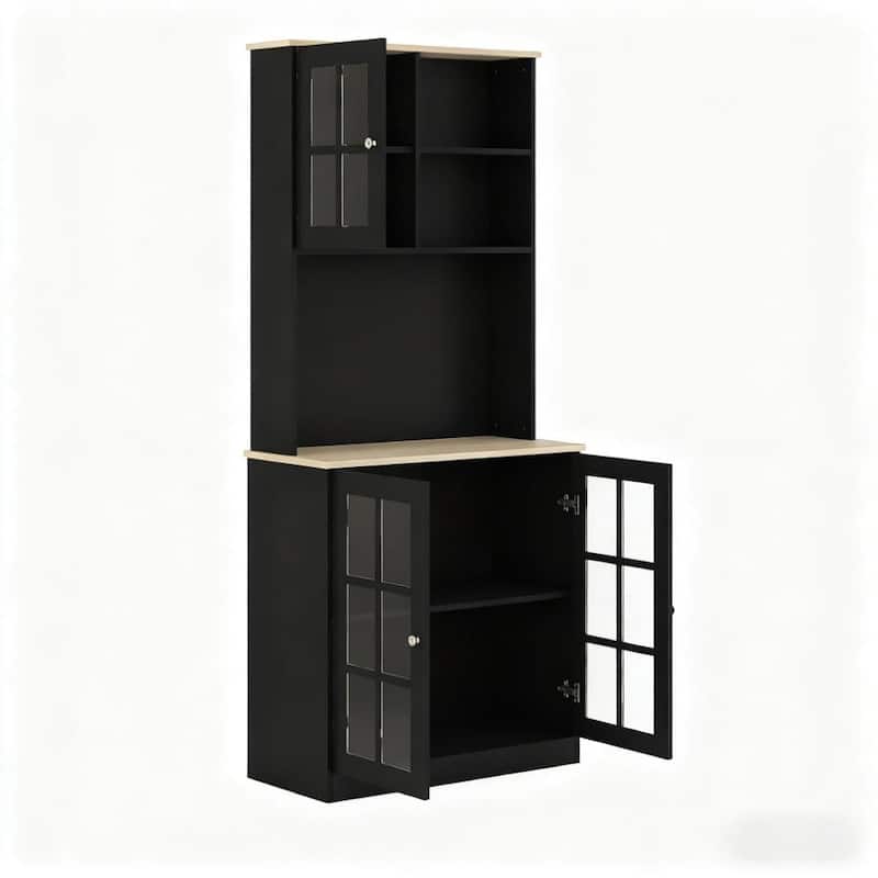 Wood Pantry Storage Cabinet, Freestanding Buffet Cabinet with Glass Doors and Adjustable Shelves, Kitchen Hutch with Doors