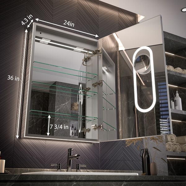 dimension image slide 1 of 2, Modland 24"-42W x 36"H LED Medicine Cabinet Mirror with USB Charging,5x Makeup Mirror