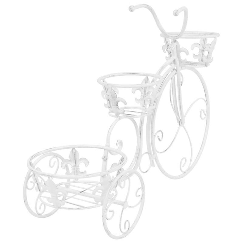 Outdoor Plant Stand, Tricycle Shape, Scrollwork, 30 Inch White Metal