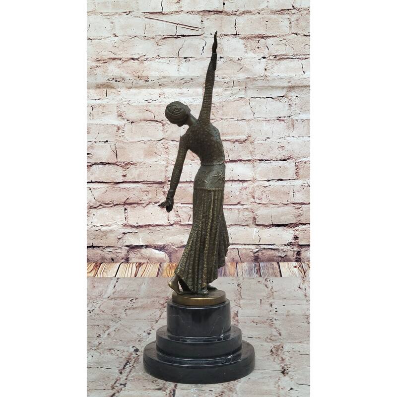 Chiparus Art Deco Bronze Dancer Sculpture – Elegant Figurine With Detailed Gown On Marble Base