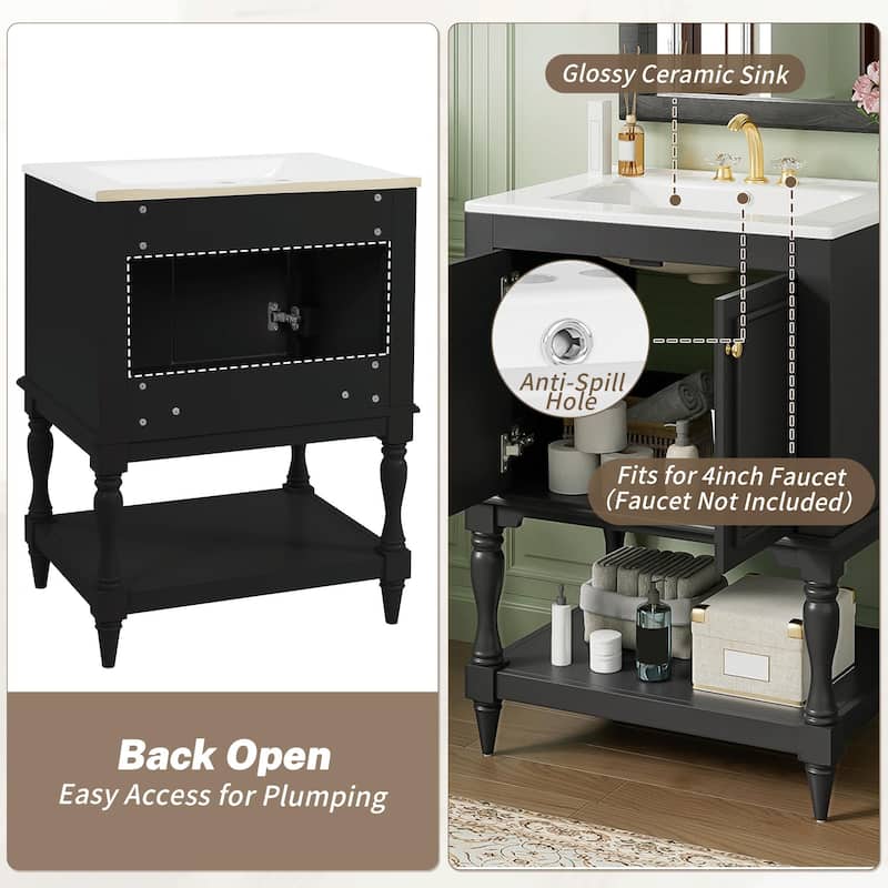 24" Modern Luxury Bathroom Vanity with Ceramic Sink, Freestanding Cabinet with Open Shelf and Enclosed Storage