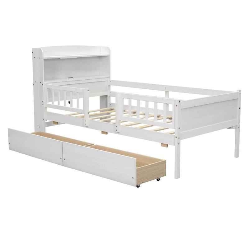Wood Twin Size Platform Bed with Built-in LED Light, Multi-functional Headboard, Guardrail and 2 Drawers, White