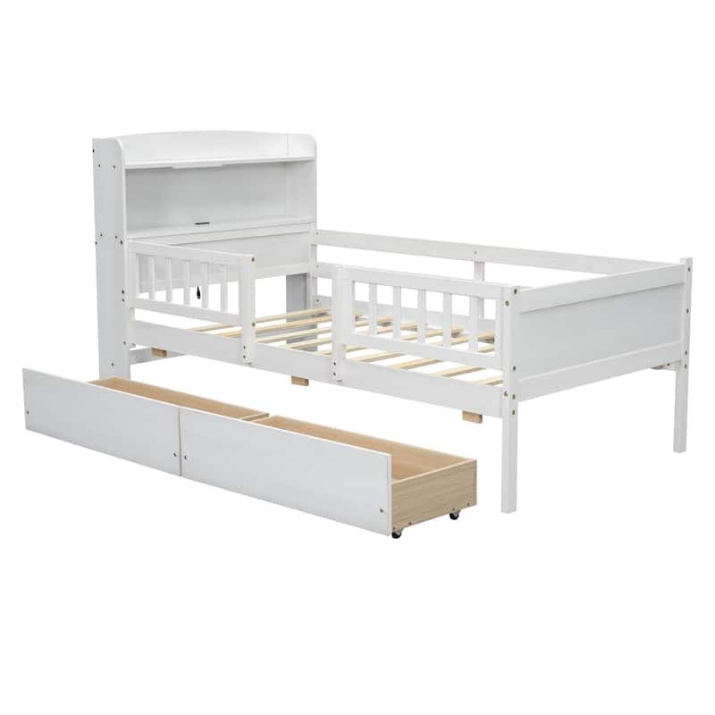 Wood Twin Size Platform Bed with Built-in LED Light, Storage Headboard, and 2 Drawers