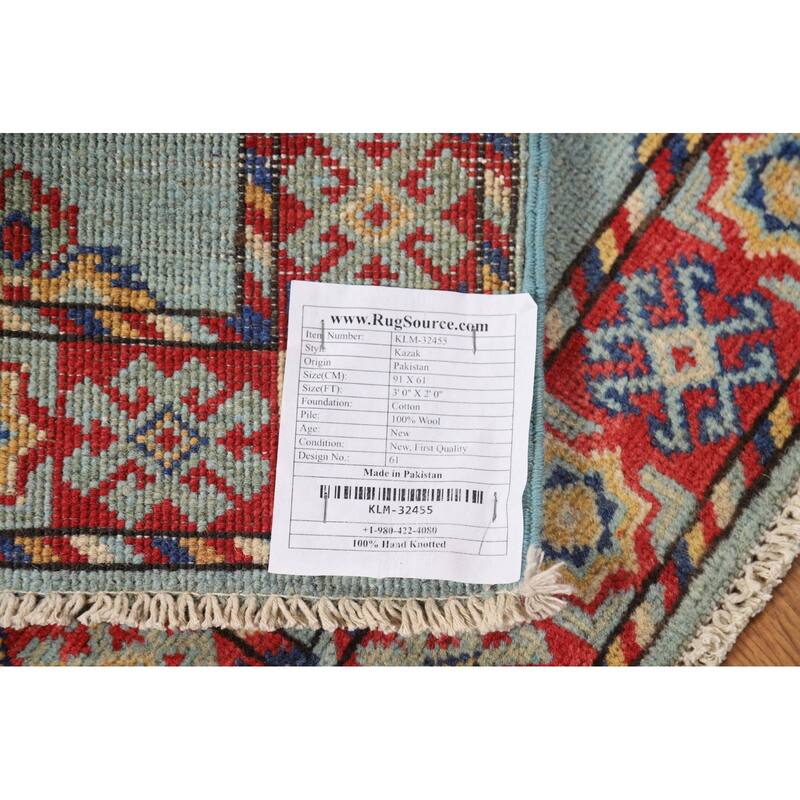 Light Blue Geometric Kazak Oriental Foyer Rug Hand-Knotted Wool Carpet - 2'0" x 3'0"