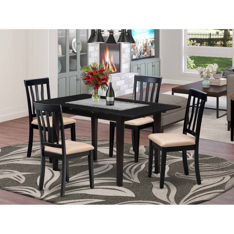HomeStock 5-Pc Rectangular Black Finish Solid Wood Top-Dining Room Set with Butterfly Leaf-Seats 4