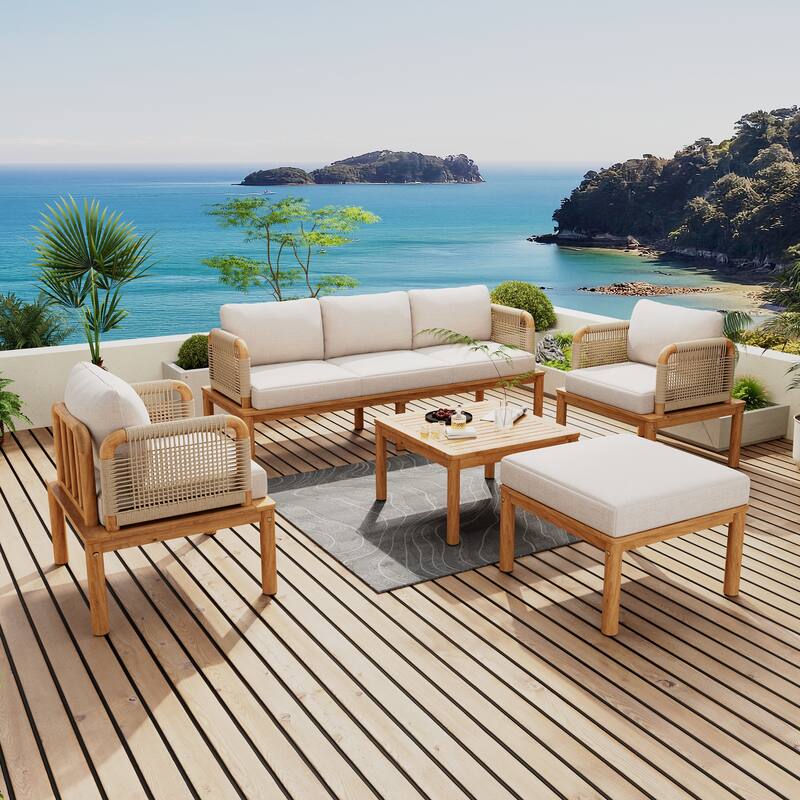 5 Pcs Outdoor Rope Weave Sofa Set, All-Weather Conversation Furniture Set with Acacia Wood Table, 2 Armchairs and Ottoman