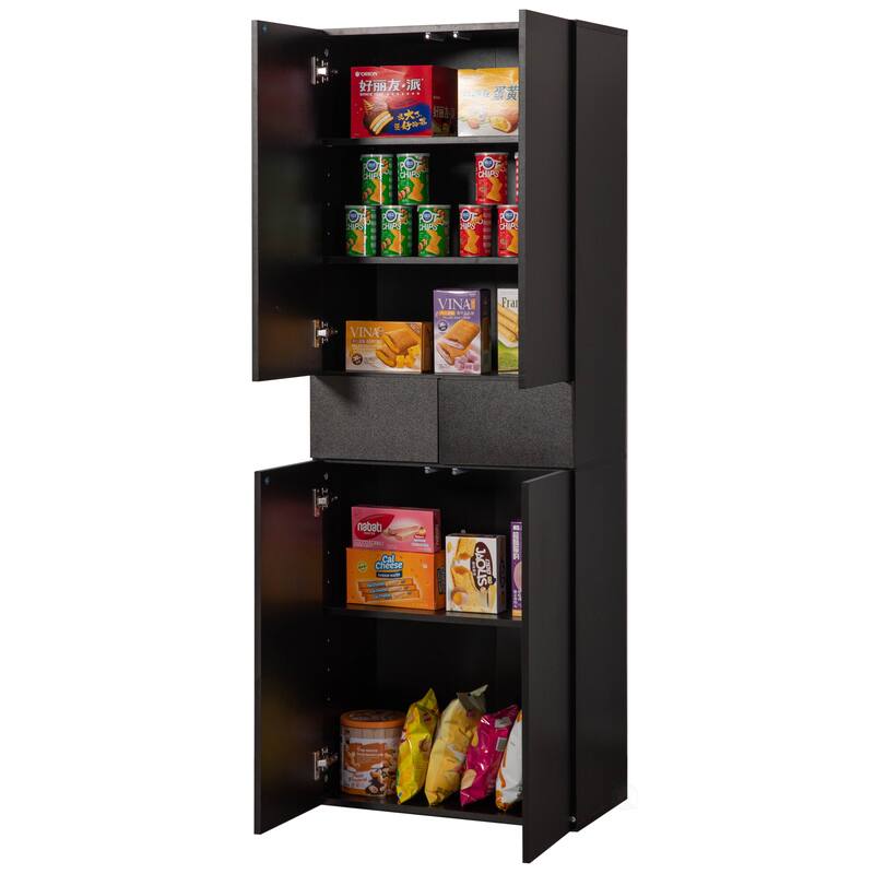 66" Kitchen Pantry Cabinet with 4 Doors, 3 Adjustable Shelves, 2 Cabinets with 1 Drawer – Elegant Freestanding Farmhouse Storage - Black