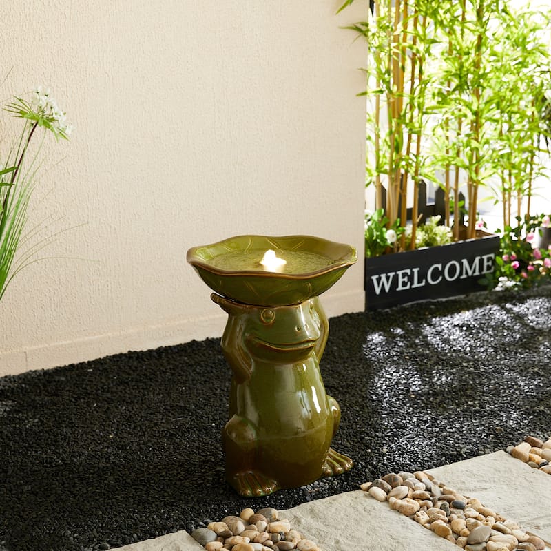 Glitzhome 21"H LED Frog & Lotus Birdbath Ceramic Outdoor Floor Water Fountain