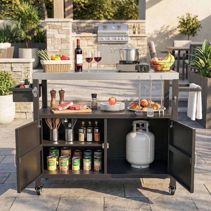 Pocassy Outdoor Grill Cart Table for Kitchen Prep and BBQ Island Table with Wheels.