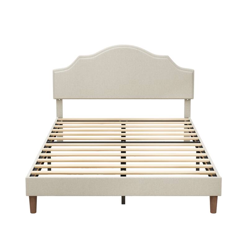 Queen Upholstered Platform Bed with Adjustable Headboard, Linen Fabric, No Box Spring Needed, Beige