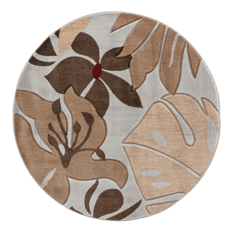 Glamour Floral Collection Polypropylene Area Rug - 5'2'' Round - Light Grey/Dark Brown