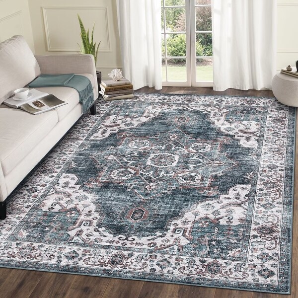 Garvee Retro Medallion Floral Soft Low Pile Foldable Area Rug