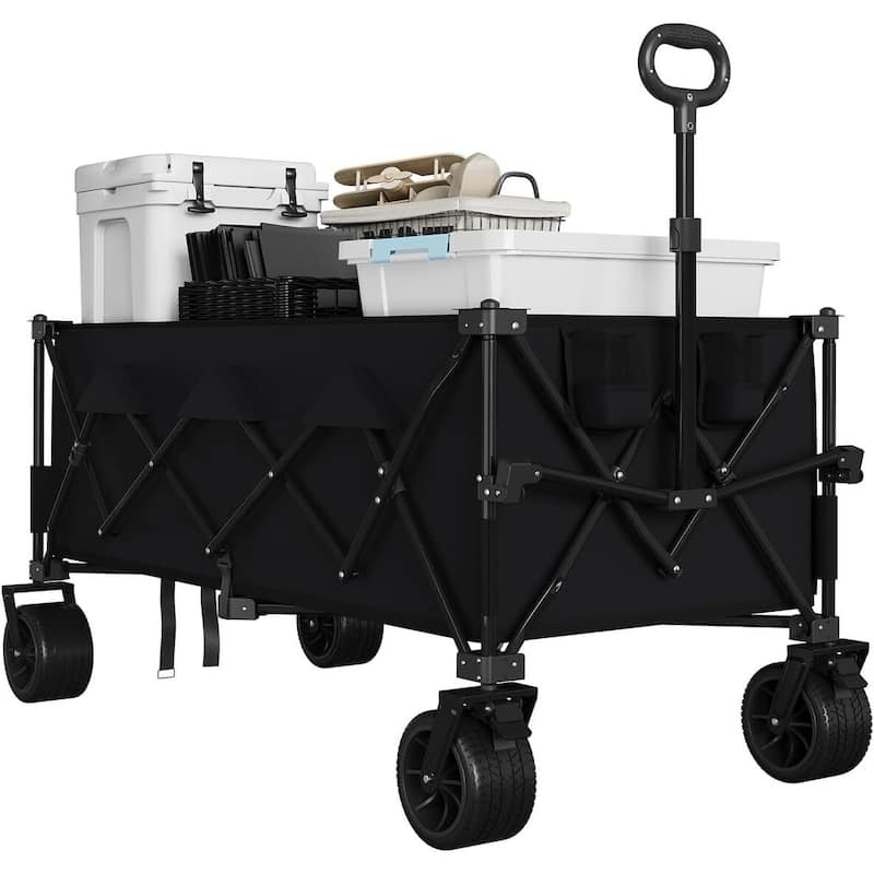Outdoor Collapsible Folding Wagon Cart, 460lbs Capacity for Beach, Camping, Garden - Black