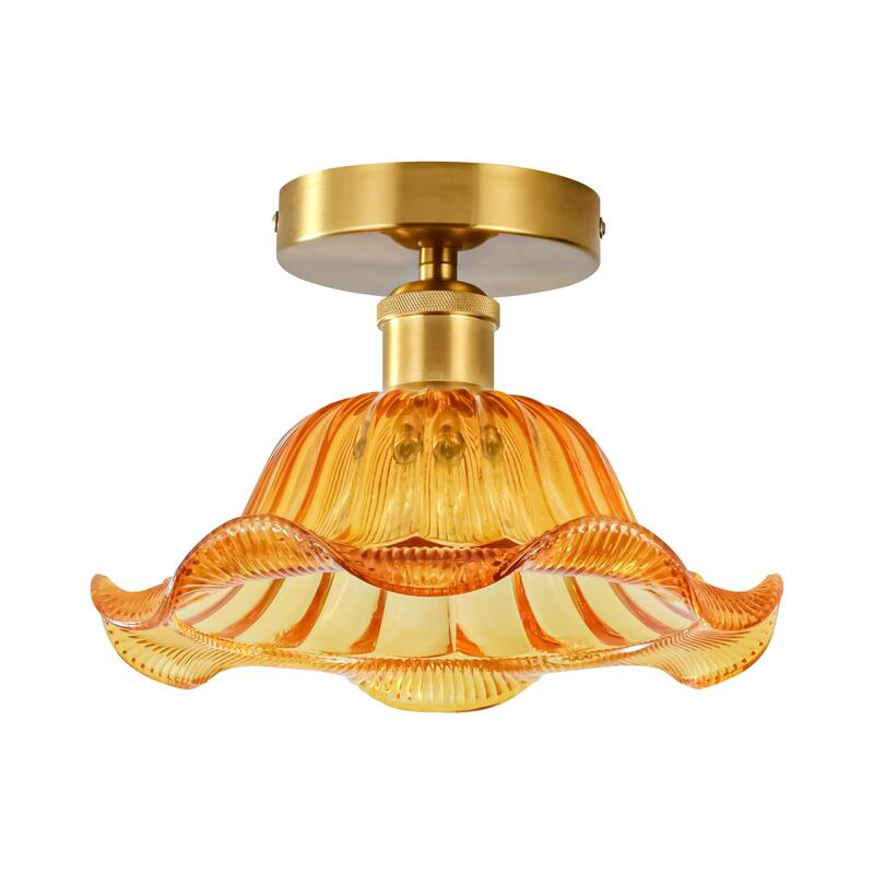 1-Light Retro Flower-Shaped Mertal Semi-Flush Mount Ceiling Light with Amber/Green Textured Glass Shade