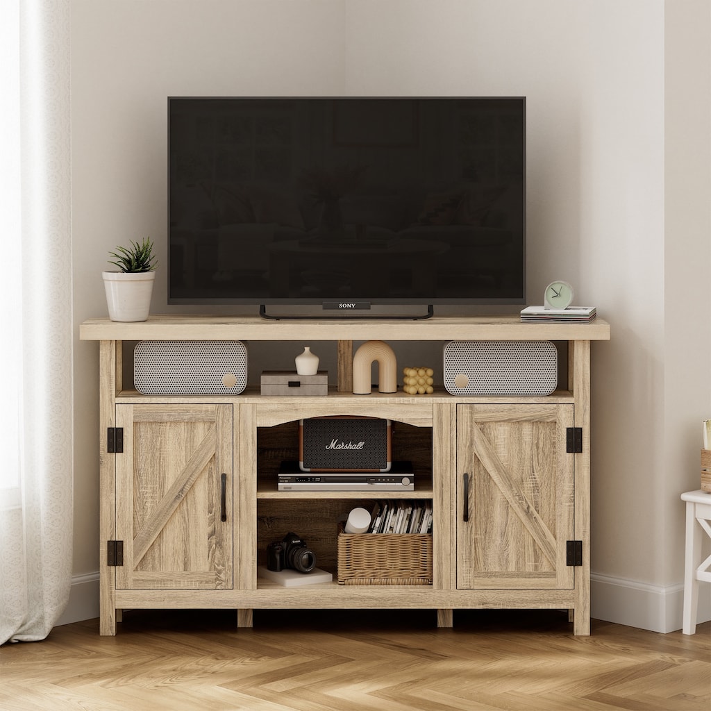 Farmhouse Corner TV Stand for TVs up to 60", Entertainment Center with Storage Cabinets - 31.81'' H X 54.02'' W X 15.35'' D