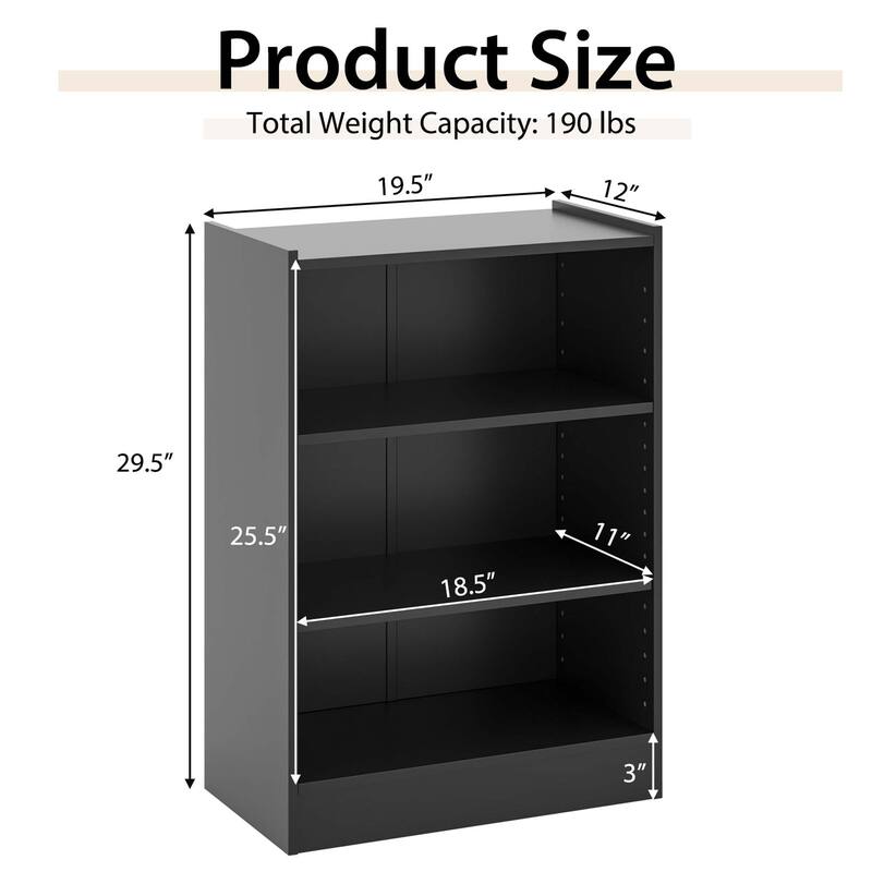 Costway 3-Tier Bookcase Open Multipurpose Display Rack Cabinet with - 19.5'' x 12'' x 29.5'' (L x W x H)