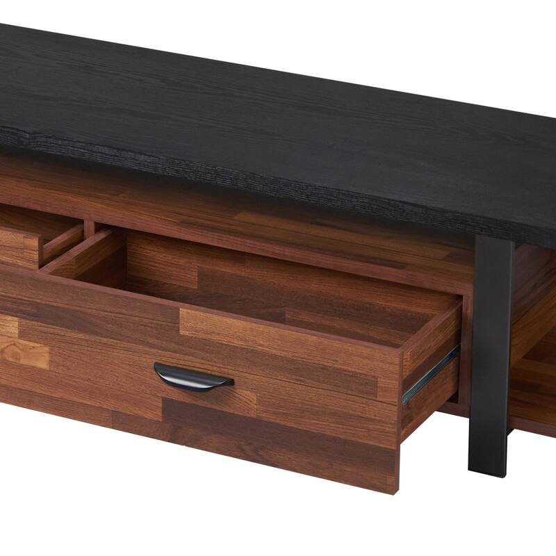 Versatile Walnut & Black TV Stand with 2 Drawers and Open Storage, Fits 55 TV