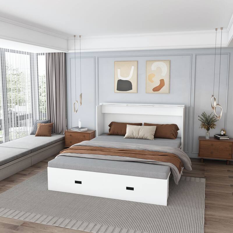 Full Size Murphy Bed, with Storage Drawers and Charging Cabinet, with Foldable Panels, with Swivel Wheels, Noise-Free