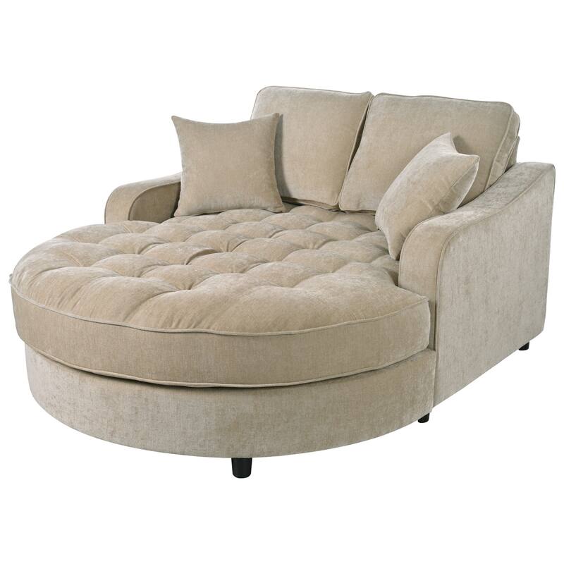 55" Champagne Chenille Chaise Lounge Sofa Bed with Tufted Seat and Detachable Pillows