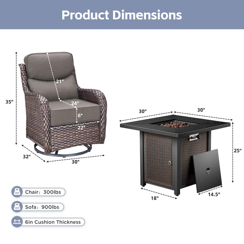 Arcadia 5-Piece Wicker Patio Set with 4 Swivel Glider Chairs and Square All-Iron Fire Pit