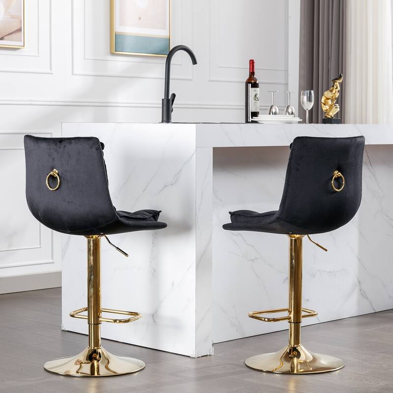 Set of 2 Bar Stools,with Chrome Footrest,Base Swivel Height Adjustable Mechanical Lifting Velvet + Golden Leg Simple Bar Stool