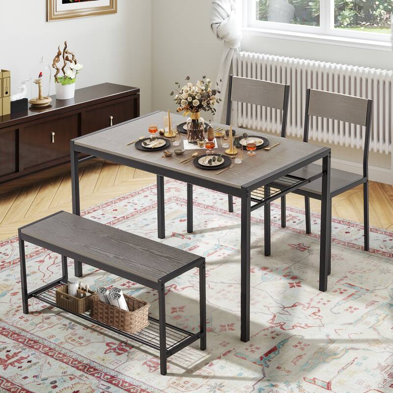 Space-Saving Dining Table Set for 4-6 People with Storage Shelf and Bench, Ideal for Living Room and Dining Room - Grey