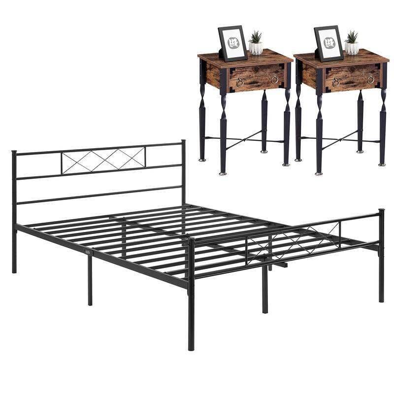 3-Piece Bedroom Set, Black Metal Platform Bed Frame and 2 Brown Nightstands - Black-Brown - Full