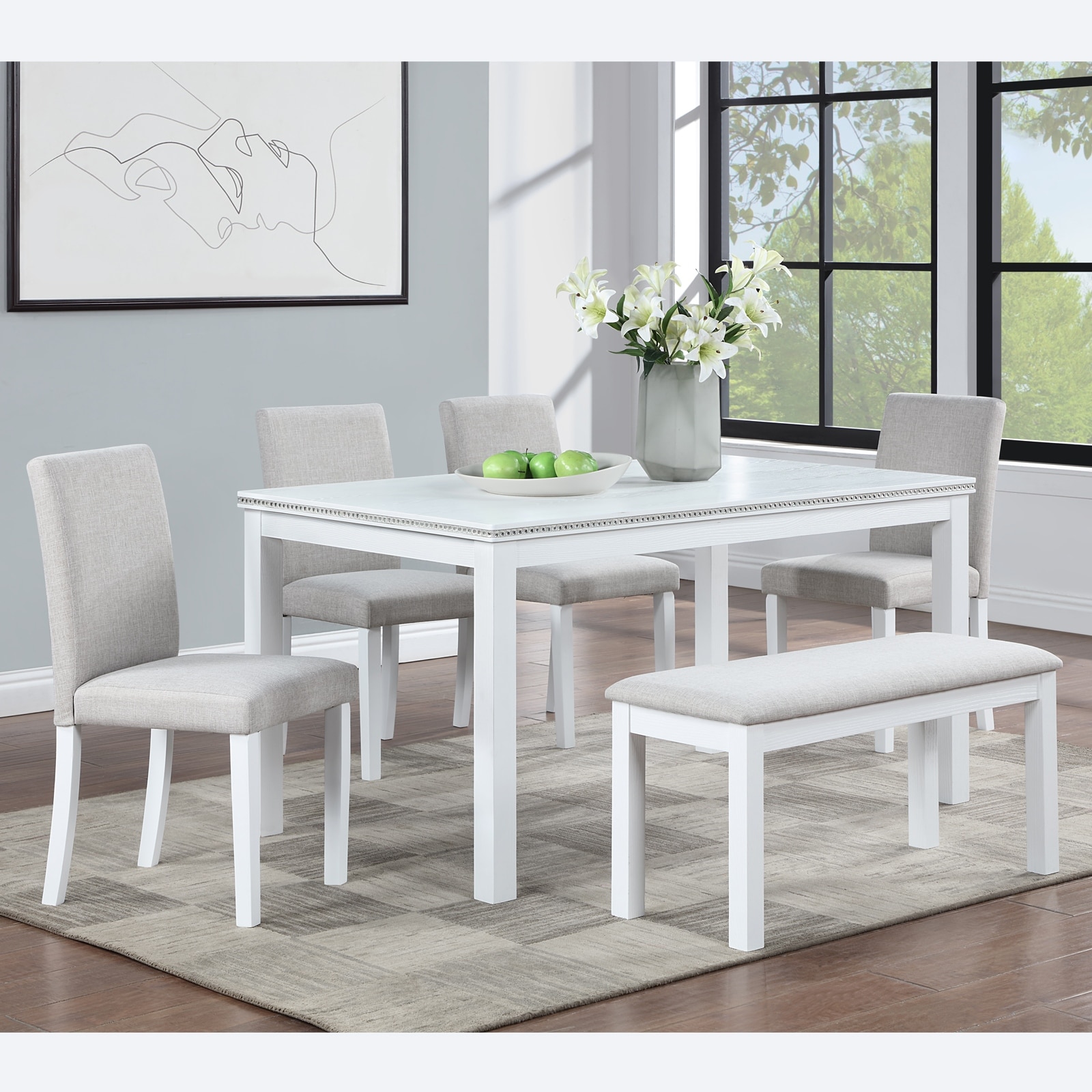 6 Piece Wooden Dining Table Set, Wooden Dining Table with 4 Upholstered Chairs and Bench for 6 People