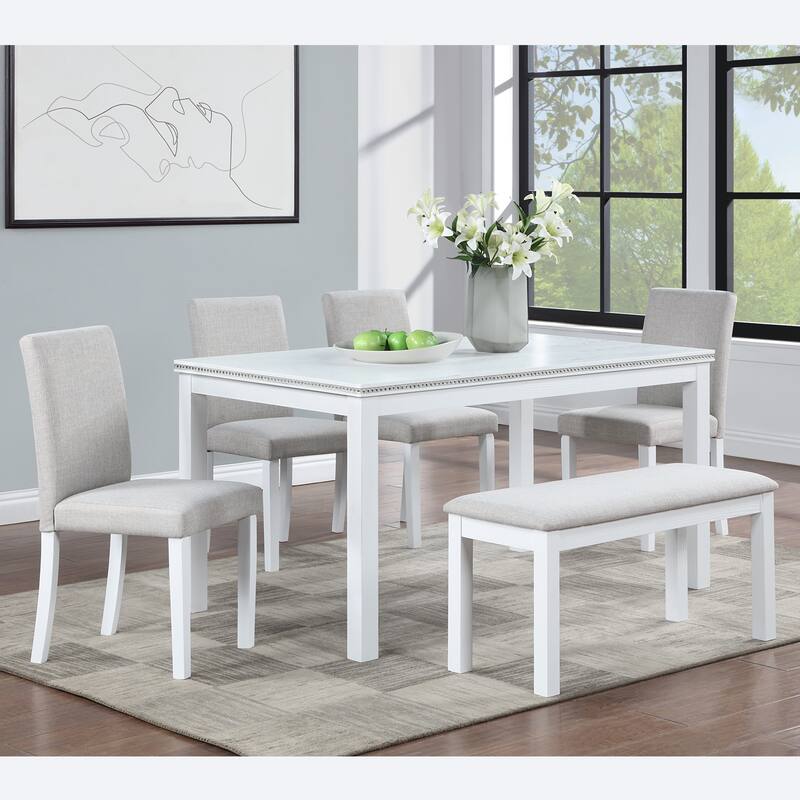 Upholstered Bench and Back Padded Dining Chairs, White Dining Table with Crystal Decoration, Kitchen Table and Chairs Set