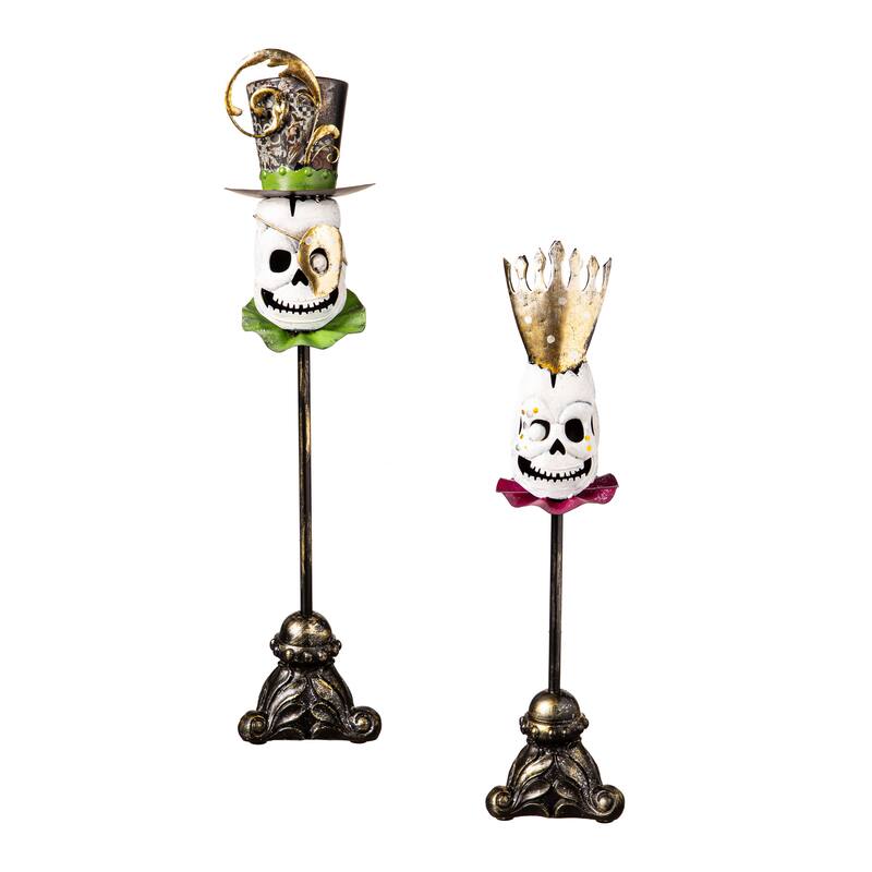 Metal Skeleton Green Head on stand/Skeleton Purple Head on Stand Set of 2