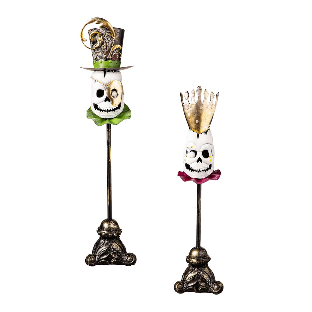 Metal Skeleton Green Head on stand/Skeleton Purple Head on Stand Set of 2