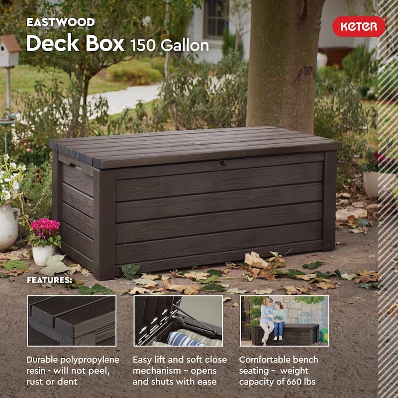 Keter Eastwood 150 Gallon Durable Resin Outdoor Storage Deck Box For Furniture and Supplies, Brown