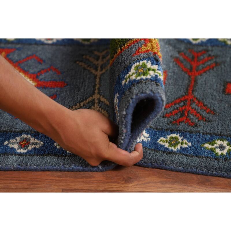 Blue Geometric Kazak Oriental Area Rug Hand-Knotted Wool Carpet - 9'3" x 11'7"