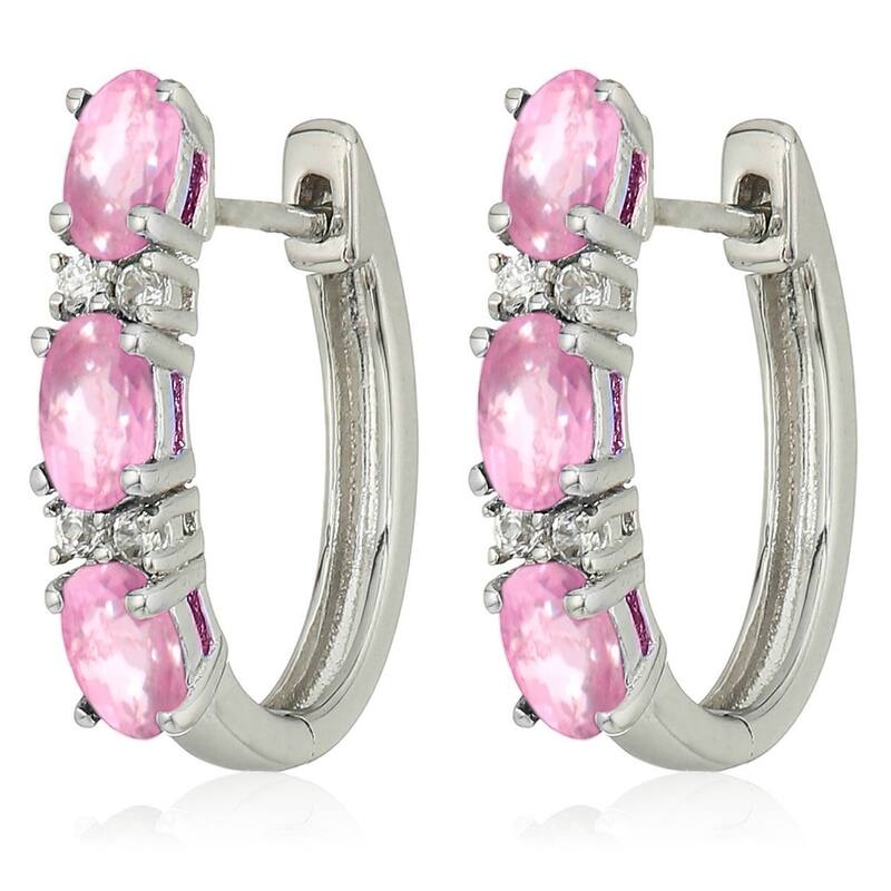 925 Sterling Silver Pink Sapphire and White Natural Zircon Hoops Earrings