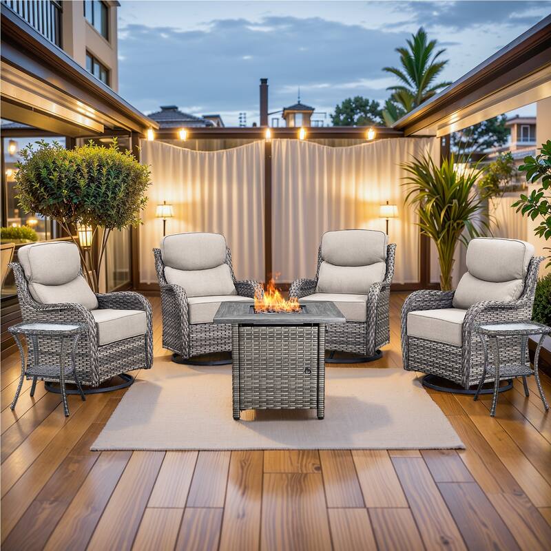Pocassy 7 Pieces Outdoor 6" Swivel Chairs with Fire Pit Table - Gray Wicker - Gray cushion