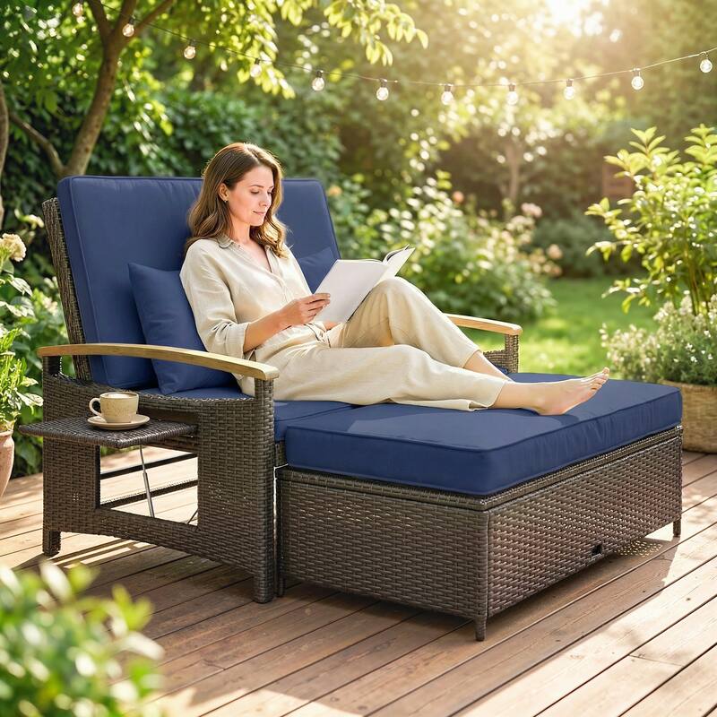Outsunny Rattan Outdoor Daybed w/4-Level Adjustable Backrest, Patio Sofa Bed w/Loveseat, Storage Ottoman, Acacia Wood Armrest - Blue